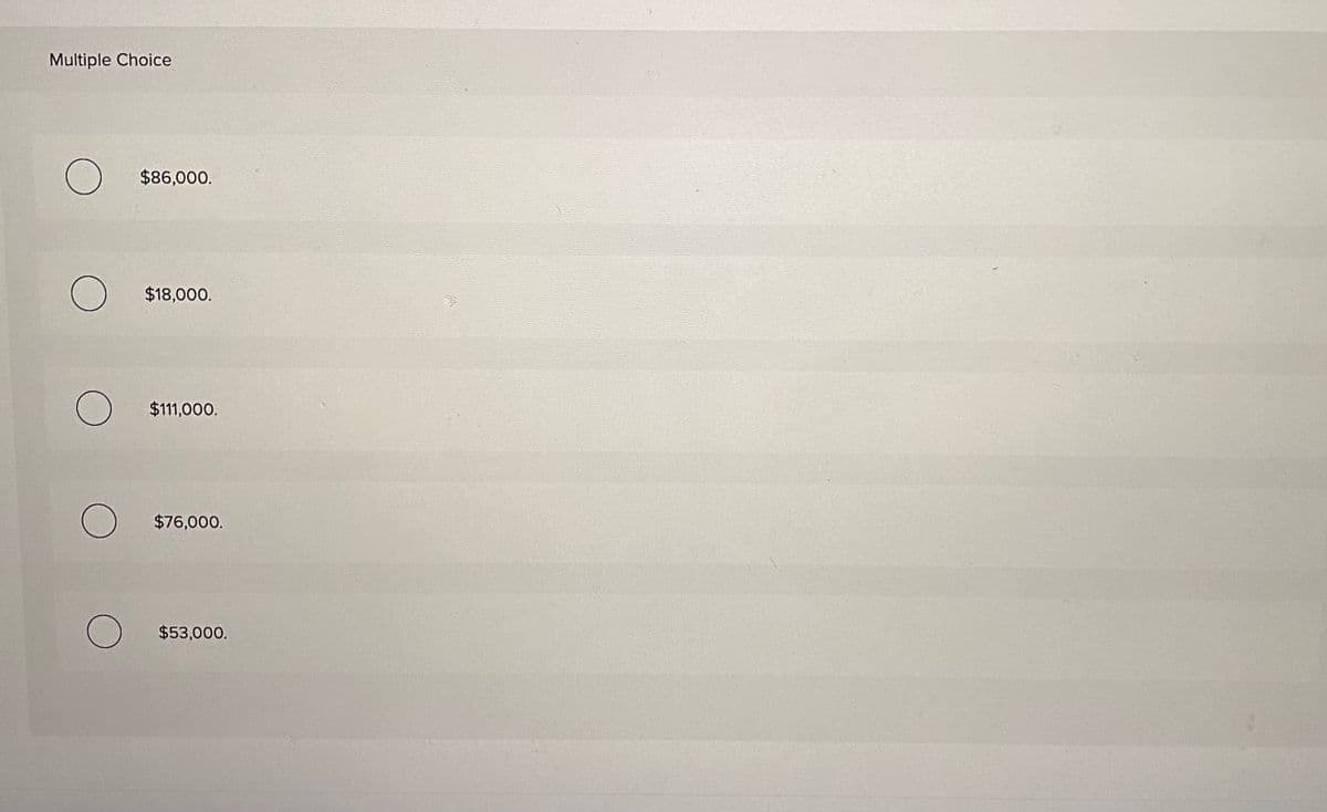Multiple Choice
$86,000.
$18,000.
$111,000.
$76,000.
$53,000.
