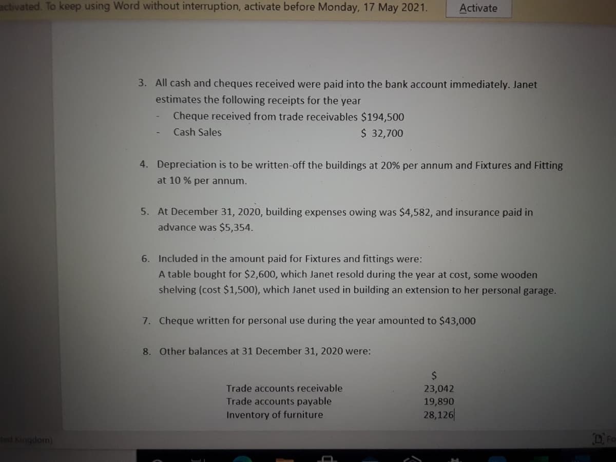 activated. To keep using Word without interruption, activate before Monday, 17 May 2021.
Activate
3. All cash and cheques received were paid into the bank account immediately. Janet
estimates the following receipts for the year
Cheque received from trade receivables $194,500
Cash Sales
$ 32,700
4. Depreciation is to be written-off the buildings at 20% per annum and Fixtures and Fitting
at 10 % per annum.
5. At December 31, 2020, building expenses owing was $4,582, and insurance paid in
advance was $5,354.
6. Included in the amount paid for Fixtures and fittings were:
A table bought for $2,600, which Janet resold during the year at cost, some wooden
shelving (cost $1,500), which Janet used in building an extension to her personal garage.
7. Cheque written for personal use during the year amounted to $43,000
8. Other balances at 31 December 31, 2020 were:
2$
Trade accounts receivable
23,042
19,890
28,126|
Trade accounts payable
Inventory of furniture
ted Kingdom)
D Fo
