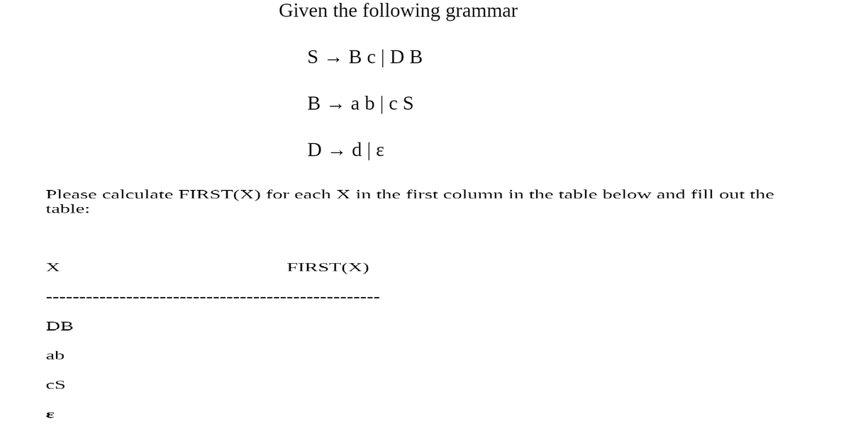 Given the following grammar
S - Bс|DB
В с|
B → ab|cS
D → d|ɛ
Please calculate FIRST(X) for each X in the first column in the table below and fill out the
table:
FIRST(X)
DB
ab
