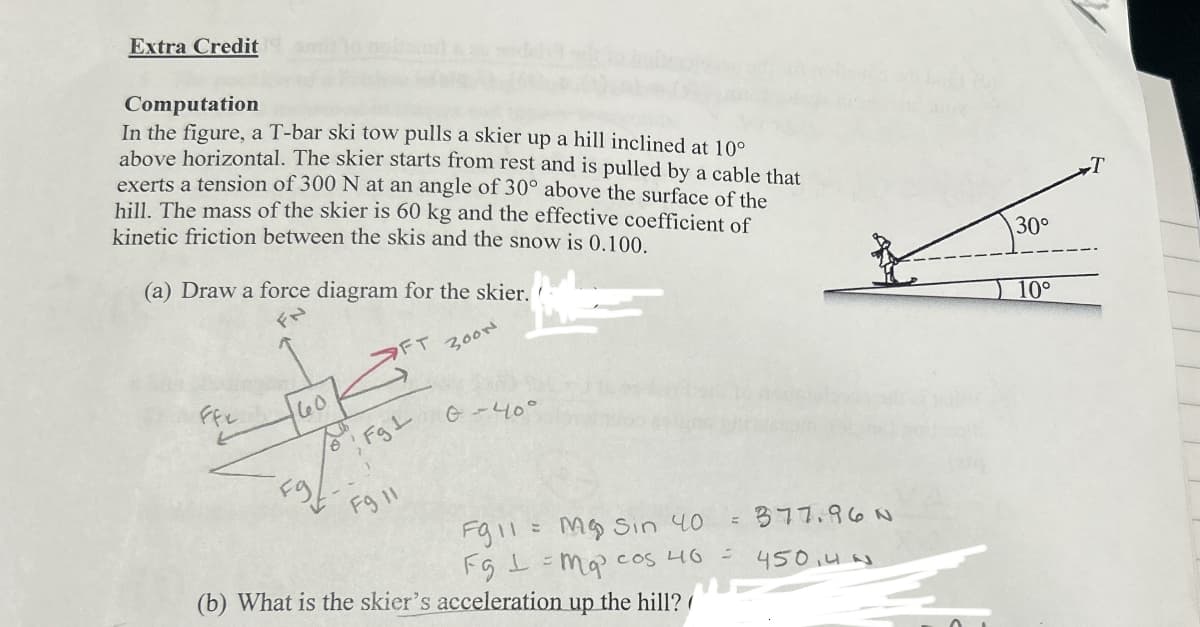 Extra Credit
Computation
In the figure, a T-bar ski tow pulls a skier up a hill inclined at 10°
above horizontal. The skier starts from rest and is pulled by a cable that
exerts a tension of 300 N at an angle of 30° above the surface of the
hill. The mass of the skier is 60 kg and the effective coefficient of
kinetic friction between the skis and the snow is 0.100.
(a) Draw a force diagram for the skier.
FN
60
FT
3000
Fg L
0-40°
F9 11
F911M Sin 40
FgMa cos 40
up the hill?
(b) What is the skier's acceleration
=
= 377.96N
4504N
30°
10°