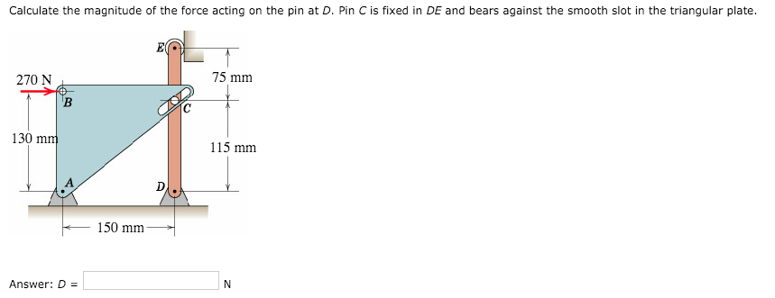 Calculate the magnitude of the force acting on the pin at D. Pin C is fixed in DE and bears against the smooth slot in the triangular plate.
270 N
130 mm
Answer: D =
150 mm-
75 mm
115 mm
N