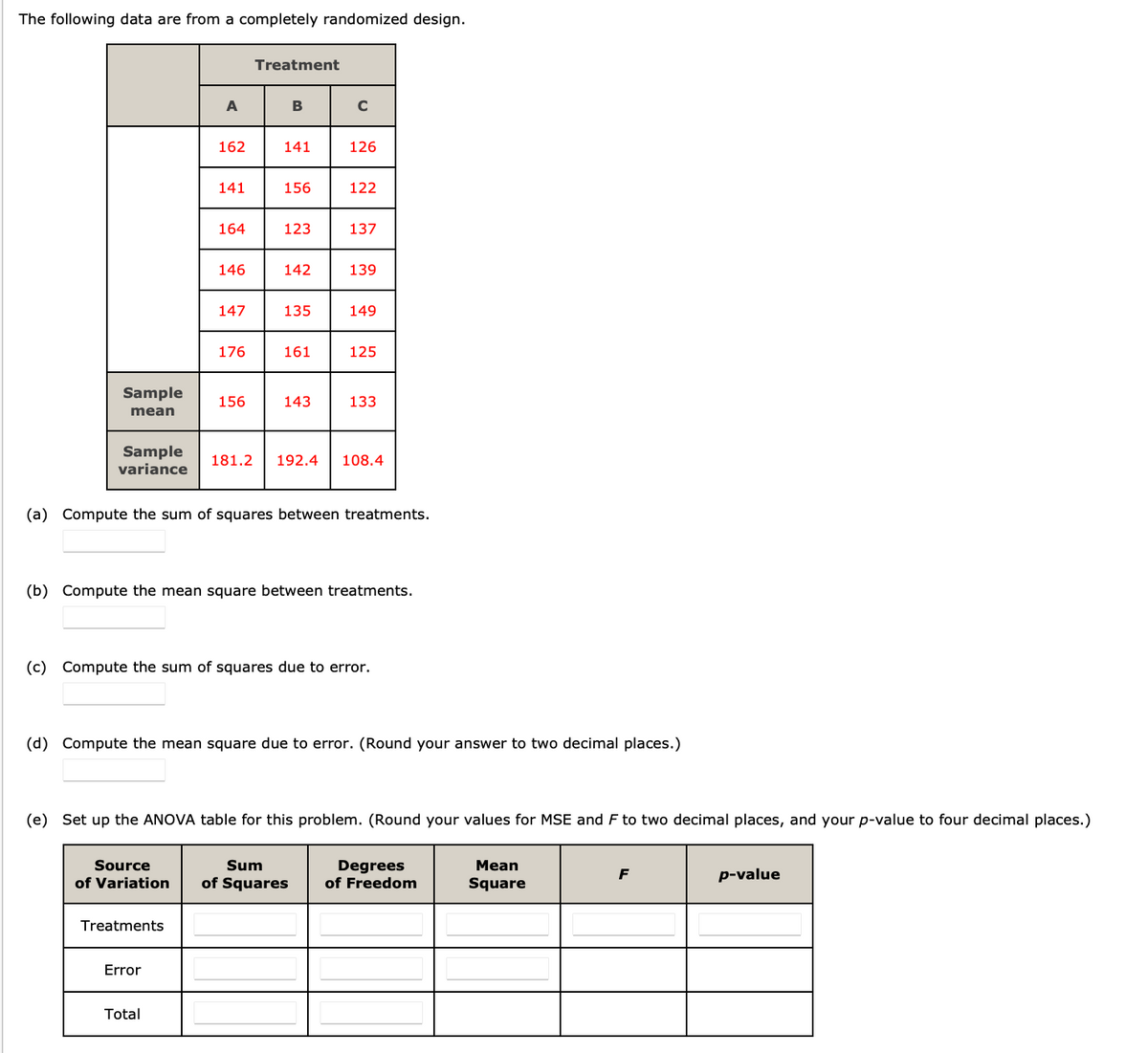 The following data are from a completely randomized design.
Sample
mean
Sample
variance
A
162
Source
of Variation
141
Treatments
164
Error
146
Total
147
176
156
Treatment
B
141
156
123
142
135
161
143
с
126
122
137
139
(a) Compute the sum of squares between treatments.
Sum
of Squares
149
(b) Compute the mean square between treatments.
125
(c) Compute the sum of squares due to error.
133
181.2 192.4 108.4
(d) Compute the mean square due to error. (Round your answer to two decimal places.)
(e) Set up the ANOVA table for this problem. (Round your values for MSE and F to two decimal places, and your p-value to four decimal places.)
Degrees
of Freedom
Mean
Square
F
p-value