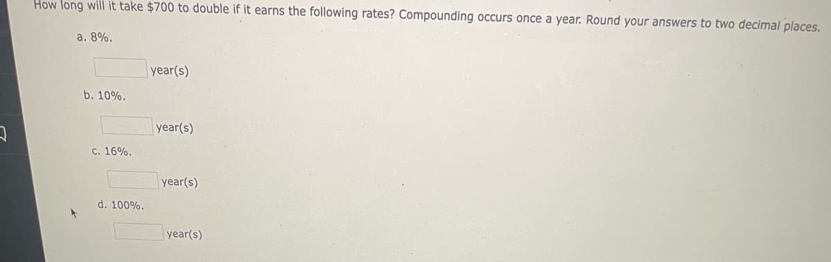 How long will it take $700 to double if it earns the following rates? Compounding occurs once a year. Round your answers to two decimal places.
a. 8%.
year(s)
b. 10%.
year(s)
C. 16%.
year(s)
d. 100%.
year(s)
