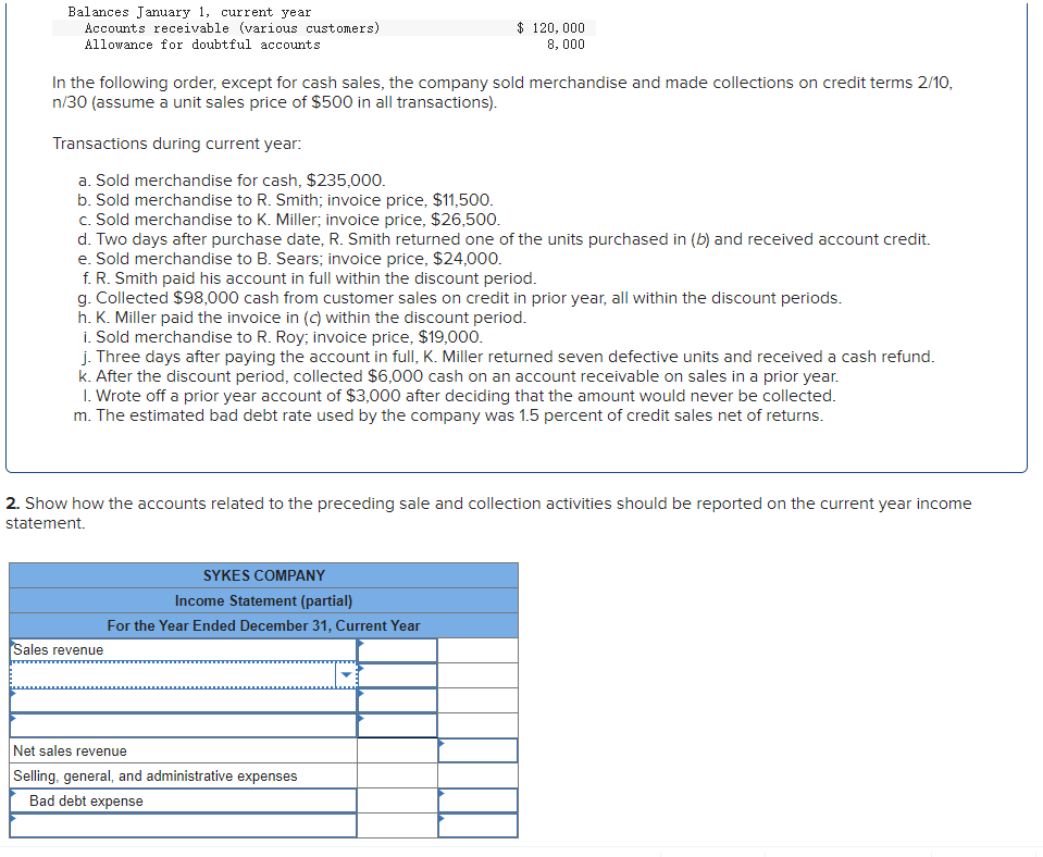 Balances January 1, current year
Accounts receivable (various customers)
Allowance for doubtful accounts
In the following order, except for cash sales, the company sold merchandise and made collections on credit terms 2/10,
n/30 (assume a unit sales price of $500 in all transactions).
Transactions during current year:
a. Sold merchandise for cash, $235,000.
b. Sold merchandise to R. Smith; invoice price, $11,500.
c. Sold merchandise to K. Miller; invoice price, $26,500.
d. Two days after purchase date, R. Smith returned one of the units purchased in (b) and received account credit.
e. Sold merchandise to B. Sears; invoice price, $24,000.
f. R. Smith paid his account in full within the discount period.
g. Collected $98,000 cash from customer sales on credit in prior year, all within the discount periods.
h. K. Miller paid the invoice in (c) within the discount period.
i. Sold merchandise to R. Roy; invoice price, $19,000.
j. Three days after paying the account in full, K. Miller returned seven defective units and received a cash refund.
k. After the discount period, collected $6,000 cash on an account receivable on sales in a prior year.
1. Wrote off a prior year account of $3,000 after deciding that the amount would never be collected.
m. The estimated bad debt rate used by the company was 1.5 percent of credit sales net of returns.
2. Show how the accounts related to the preceding sale and collection activities should be reported on the current year income
statement.
Sales revenue
$ 120,000
8,000
SYKES COMPANY
Income Statement (partial)
For the Year Ended December 31, Current Year
………
Net sales revenue
Selling, general, and administrative expenses
Bad debt expense
