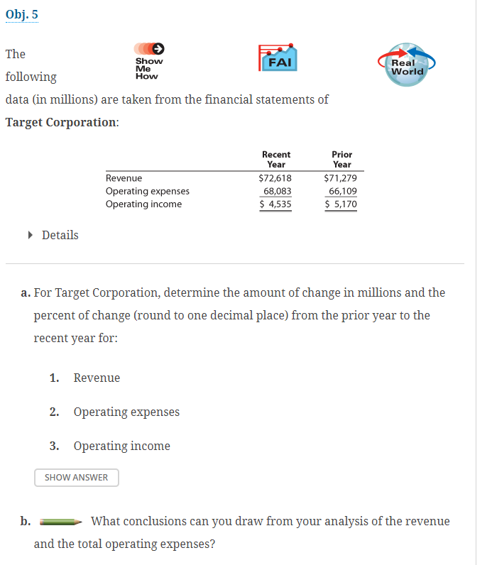 Obj. 5
The
following
data (in millions) are taken from the financial statements of
Target Corporation:
▸ Details
Revenue
Operating expenses
Operating income
Show
Me
How
1. Revenue
2. Operating expenses
3. Operating income
SHOW ANSWER
FAI
a. For Target Corporation, determine the amount of change in millions and the
percent of change (round to one decimal place) from the prior year to the
recent year for:
Recent
Year
$72,618
68,083
$ 4,535
b.
and the total operating expenses?
Prior
Year
$71,279
66,109
$ 5,170
Real
World
What conclusions can you draw from your analysis of the revenue