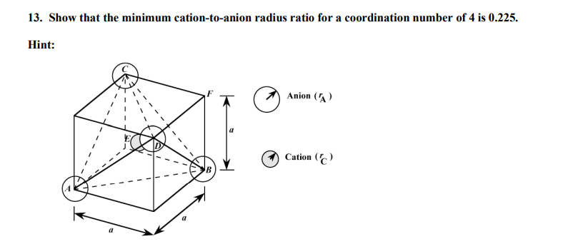 13. Show that the minimum cation-to-anion radius ratio for a coordination number of 4 is 0.225.
Hint:
Anion (A)
Cation ()
