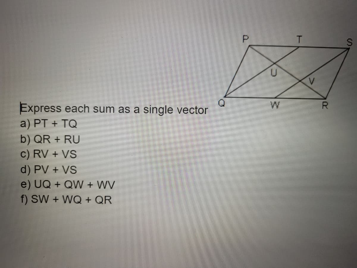 W
Express each sum as a single vector
a) PT + TQ
b) QR + RU
c) RV + VS
d) PV + VS
e) UQ + QW + WV
f) SW + WQ + QR
