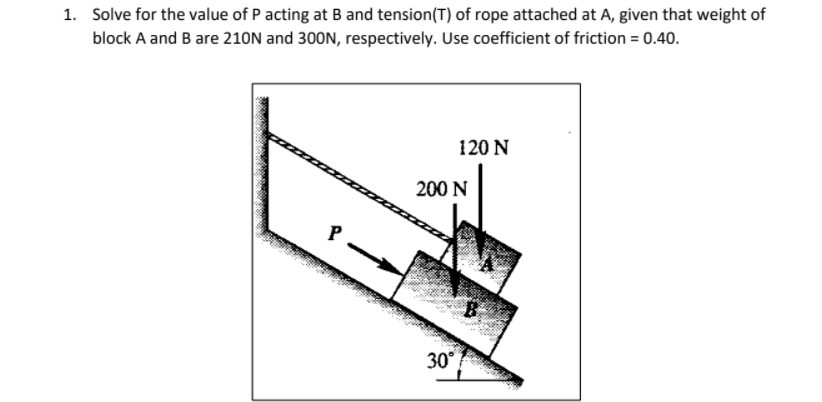 1. Solve for the value of P acting at B and tension(T) of rope attached at A, given that weight of
block A and B are 210N and 300N, respectively. Use coefficient of friction = 0.40.
120 N
200 N
P
30°
