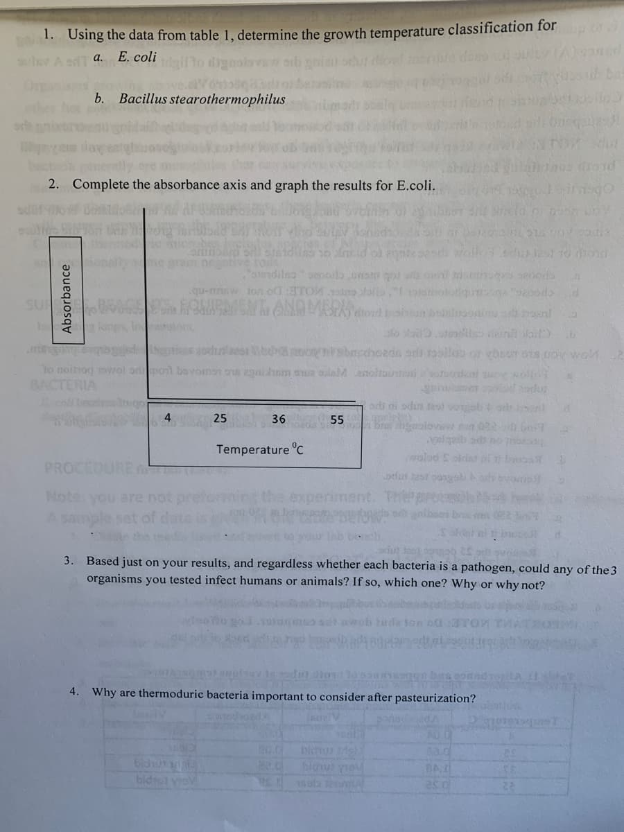 1. Using the data from table 1, determine the growth temperature classification for
od a.
E. coli
Tve.
b.
Bacillus stearothermophilus
2. Complete the absorbance axis and graph the results for E.coli.
wollo 1.odu est to moid
SU
godlae h o sbnschoeds an r9olloo or vbsuIT os uov woh
to noiiog owol orpoil bovomon oa egaihsm sua laM anoltounteni o nt ucy wollo
mpe pe
ardi ni odus Jasd vogobtod hent
BACTERIA
4.s 25
36
55
lqb ad no e
woled oliet nf booa
Temperature "c
PROCEDURE (
odus est oongeb h
Note you are not
eriment. Tr
A sa
set of
adut Jast ns
3. Based just on your results, and regardless whether each bacteria is a pathogen, could any of the 3
organisms you tested infect humans or animals? If so, which one? Why or why not?
ton oa
4.
Why are thermoduric bacteria important to consider after pasteurization?
biotut ye
BA
bidi yov
Absorbance
