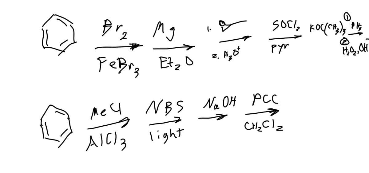 Br, Mg
pyr
PeBry
2.
Etz O
Me 4
NBS Na OH pc
AIC)3 light
