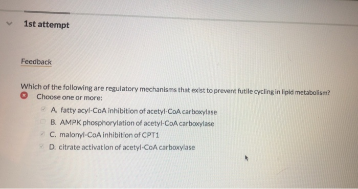 1st attempt
Feedback
Which of the following are regulatory mechanisms that exist to prevent futile cycling in lipid metabolism?
Choose one or more:
A. fatty acyl-CoA inhibition of acetyl-CoA carboxylase
B. AMPK phosphorylation of acetyl-CoA carboxylase
C. malonyl-CoA inhibition of CPT1
D. citrate activation of acetyl-CoA carboxylase