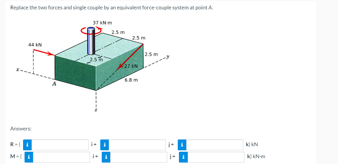 Replace the two forces and single couple by an equivalent force-couple system at point A.
37 kN-m
2.5 m
2.5 m
44 kN
2.5 m
2.5 m
27 kN
6.8 m
A
Answers:
R= ( i
i+
i
j+
i
k) kN
M=( i
i+
i
j+
i
k) kN-m
