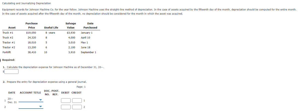Calculating and Journalizing Depreciation
Equipment records for Johnson Machine Co. for the year follow. Johnson Machine uses the straight-line method of depreciation. In the case of assets acquired by the fifteenth day of the month, depreciation should be computed for the entire month.
In the case of assets acquired after the fifteenth day of the month, no depreciation should be considered for the month in which the asset was acquired.
Purchase
Salvage
Date
Asset
Price
Useful Life
Value
Purchased
Truck #1
$19,050
8 years
$3,930
January 1
Truck #2
24,320
8
4,000
April 10
Tractor #1
18,010
5
3,010
May 1
Tractor #2
13,200
6
2,100
June 18
Forklift
38,410
10
3,910
September 1
Required:
1. Calculate the depreciation expense for Johnson Machine as of December 31, 20--.
2. Prepare the entry for depreciation expense using a general journal.
Page: 1
DOC. POST.
DATE
ACCOUNT TITLE
DEBIT CREDIT
NO. REF.
20--
1
Dec. 31
1
2
2
