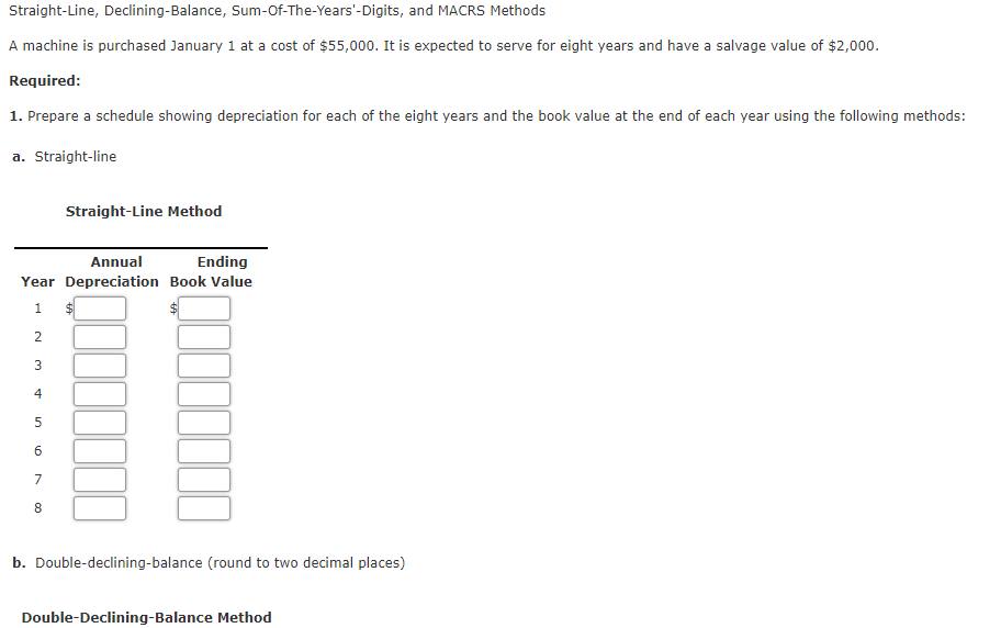Straight-Line, Declining-Balance, Sum-Of-The-Years'-Digits, and MACRS Methods
A machine is purchased January 1 at a cost of $55,000. It is expected to serve for eight years and have a salvage value of $2,000.
Required:
1. Prepare a schedule showing depreciation for each of the eight years and the book value at the end of each year using the following methods:
a. Straight-line
Straight-Line Method
Ending
Year Depreciation Book Value
Annual
1
$1
3
4
7
8.
b. Double-declining-balance (round to two decimal places)
Double-Declining-Balance Method
