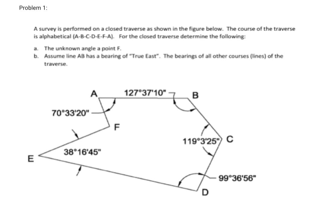 Problem 1:
A survey is performed on a closed traverse as shown in the figure below. The course of the traverse
is alphabetical (A-B-C-D-E-F-A). For the closed traverse determine the following:
a. The unknown angle a point F.
b. Assume line AB has a bearing of "True East". The bearings of all other courses (lines) of the
traverse.
A
127°37'10" 7
B
70°33'20"
F
119°3'25") C
38°16'45"
E
99°36'56"
D
