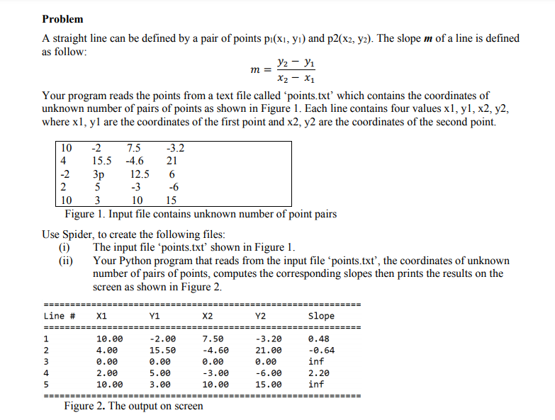 Problem
A straight line can be defined by a pair of points pi(x1, yı) and p2(x2, y2). The slope m of a line is defined
as follow:
Y2 - Yı
m
X2 - X1
Your program reads the points from a text file called 'points.txt’ which contains the coordinates of
unknown number of pairs of points as shown in Figure 1. Each line contains four values x1, y1, x2, y2,
where x1, yl are the coordinates of the first point and x2, y2 are the coordinates of the second point.
10
-2
7.5
-3.2
4
15.5 -4.6
21
-2
Зр
5
12.5
6
2
-3
-6
10
3
10
15
Figure 1. Input file contains unknown number of point pairs
Use Spider, to create the following files:
The input file 'points.txt shown in Figure 1.
Your Python program that reads from the input file 'points.txt', the coordinates of unknown
number of pairs of points, computes the corresponding slopes then prints the results on the
screen as shown in Figure 2.
(i)
(ii)
Line # x1
Y1
X2
Y2
Slope
10.00
-2.00
7.50
-3.20
0.48
2
4.00
15.50
-4.60
21.00
-0.64
3
0.00
0.00
0.00
0.00
inf
4
2.00
5.00
-3.00
-6.00
2.20
10.00
3.00
10.00
15.00
inf
=========
%===== ==
Figure 2. The output on screen
