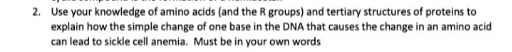 2. Use your knowledge of amino acids (and the R groups) and tertiary structures of proteins to
explain how the simple change of one base in the DNA that causes the change in an amino acid
can lead to sickle cell anemia. Must be in your own words