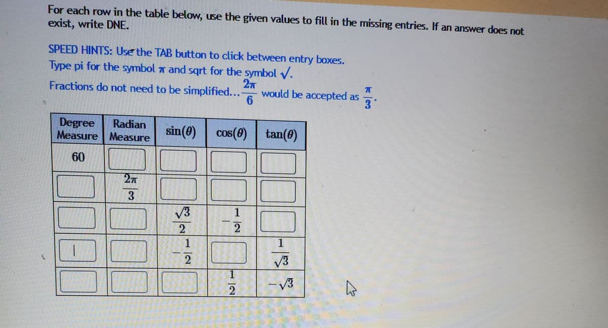 For each row in the table below, use the given values to fill in the missing entries. If an answer does not
exist, write DNE.
SPEED HINTS: Use the TAB button to click between entry boxes.
Type pi for the symbol and sqrt for the symbol ✓.
Fractions do not need to be simplified....
Degree Radian
Measure
Measure
60
| D
5
sin (0)
√3
2
1
2
1
2
Cos(8) tan(0)
F|N
6
1
would be accepted as
1
√3
-√3
******
hs
k
3