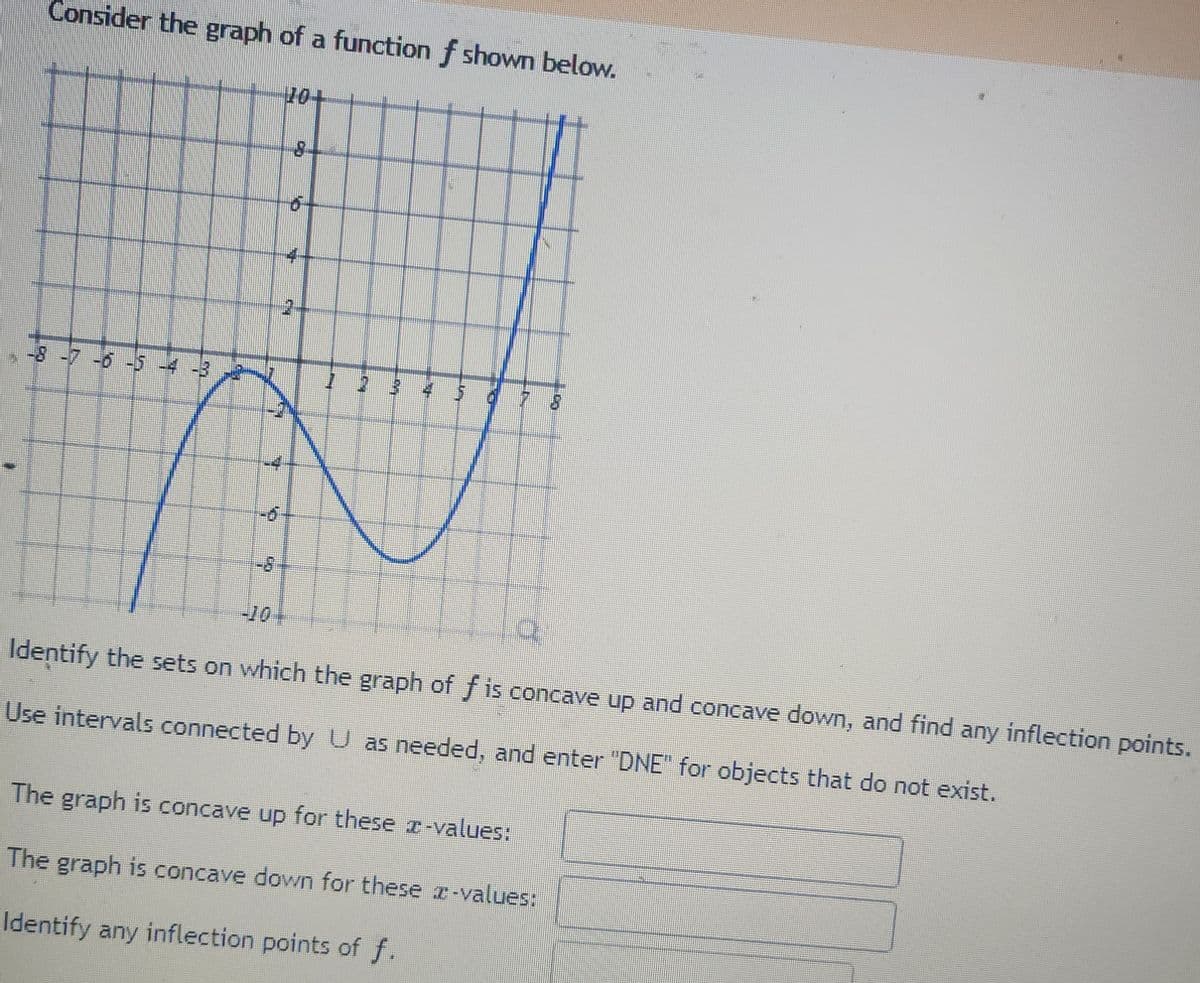 Consider the graph of a function f shown below.
-8 -7 -6 -5 -4 -3
hu
L
O
-8
10+
6
4
137
8
2
-10+
Sing
EMEY
Identify the sets on which the graph of f is concave up and concave down, and find any inflection points.
Use intervals connected by U as needed, and enter "DNE" for objects that do not exist.
The graph is concave up for these ï-values:
The graph is concave down for these x-values:
Identify any inflection points of f.