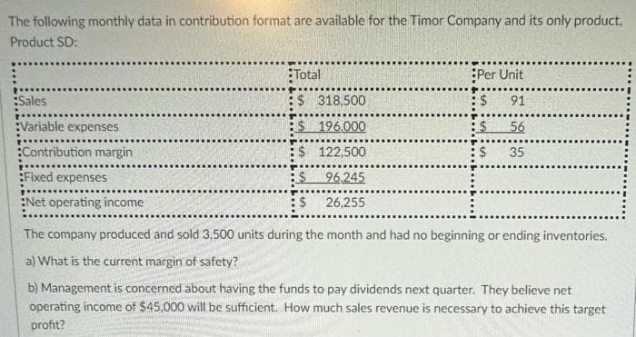 The following monthly data in contribution format are available for the Timor Company and its only product,
Product SD:
:Sales
Variable expenses
:Contribution margin
Fixed expenses
Net operating income
Total
:$
$
$
318,500
196,000
122,500.
96,245
26,255
Per Unit
$ 91
56
35
The company produced and sold 3,500 units during the month and had no beginning or ending inventories.
a) What is the current margin of safety?
b) Management is concerned about having the funds to pay dividends next quarter. They believe net
operating income of $45,000 will be sufficient. How much sales revenue is necessary to achieve this target
profit?