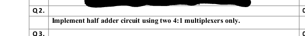 Q2.
Implement half adder circuit using two 4:1 multiplexers only.
Q3.
