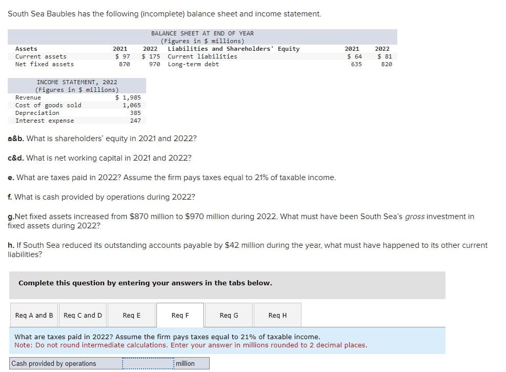 South Sea Baubles has the following (incomplete) balance sheet and income statement.
BALANCE SHEET AT END OF YEAR
(Figures in $ millions)
2021
$ 97
870
2022
Liabilities and Shareholders' Equity
2021
2022
$ 175
970
Current liabilities
Long-term debt
$ 64
635
$ 81
820
Assets
Current assets
Net fixed assets
INCOME STATEMENT, 2022
(Figures in $ millions)
Revenue
Cost of goods sold
Depreciation
Interest expense
$ 1,985
1,065
385
247
a&b. What is shareholders' equity in 2021 and 2022?
c&d. What is net working capital in 2021 and 2022?
e. What are taxes paid in 2022? Assume the firm pays taxes equal to 21% of taxable income.
f. What is cash provided by operations during 2022?
g.Net fixed assets increased from $870 million to $970 million during 2022. What must have been South Sea's gross investment in
fixed assets during 2022?
h. If South Sea reduced its outstanding accounts payable by $42 million during the year, what must have happened to its other current
liabilities?
Complete this question by entering your answers in the tabs below.
Req A and B Req C and D
Req E
Req F
Req G
Req H
What are taxes paid in 2022? Assume the firm pays taxes equal to 21% of taxable income.
Note: Do not round intermediate calculations. Enter your answer in millions rounded to 2 decimal places.
Cash provided by operations
_
million