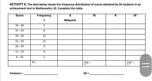 ACTIVITY 6. The data below shows the frequency distribution of scores obtained by 50 students in an
achievement test in Mathematics 10. Complete the table.
Score
Frequency
fX
fX
Midpoint
36 -40
31-35
26-30
13
21- 25
12
16- 20
11-15
4
6- 10
1
N=
Variance =
SD=
