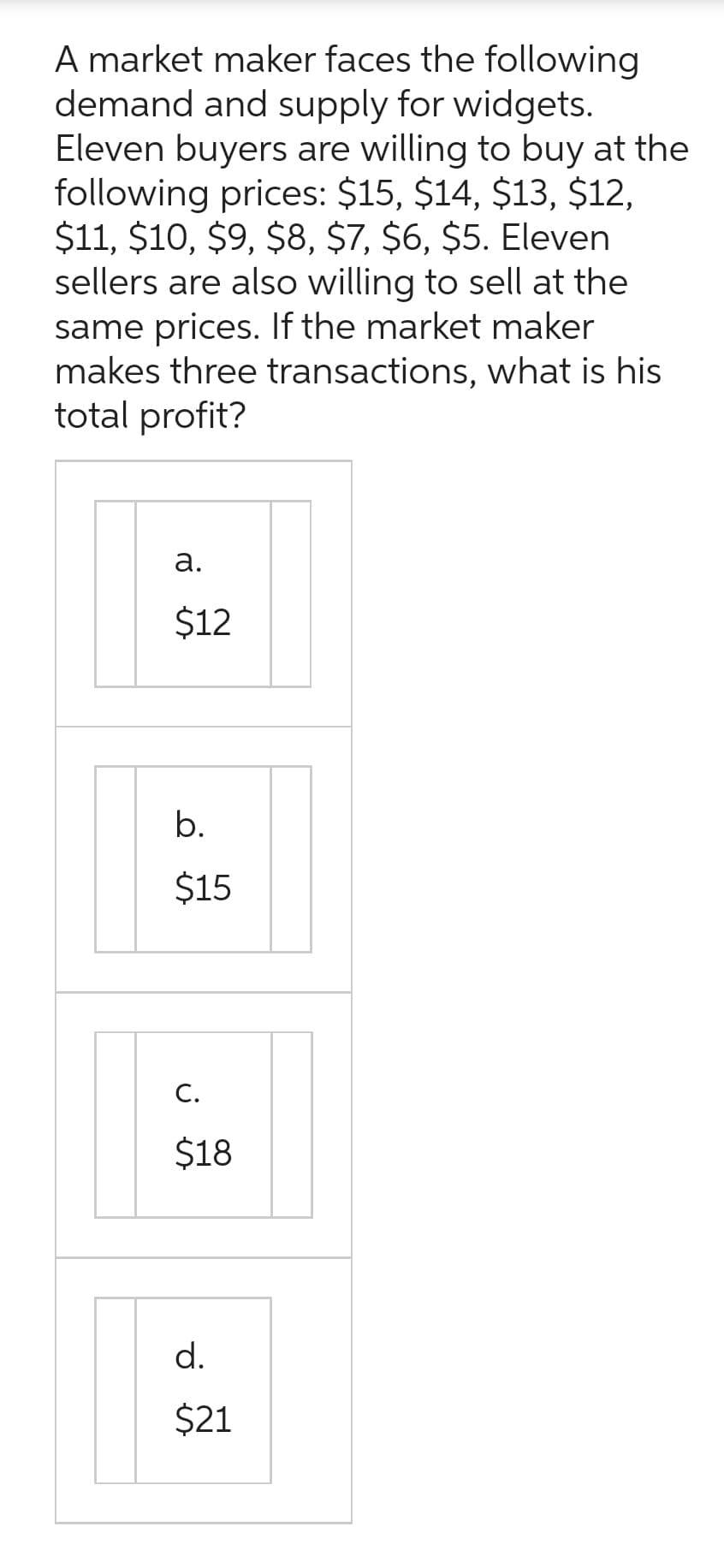 A market maker faces the following
demand and supply for widgets.
Eleven buyers are willing to buy at the
following prices: $15, $14, $13, $12,
$11, $10, $9, $8, $7, $6, $5. Eleven
sellers are also willing to sell at the
same prices. If the market maker
makes three transactions, what is his
total profit?
a.
$12
b.
$15
C.
$18
d.
$21