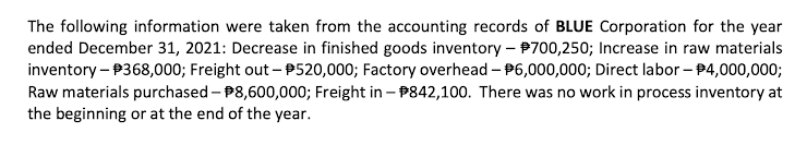 The following information were taken from the accounting records of BLUE Corporation for the year
ended December 31, 2021: Decrease in finished goods inventory – P700,250; Increase in raw materials
inventory – P368,000; Freight out - P520,000; Factory overhead – P6,000,000; Direct labor – P4,000,000;
Raw materials purchased – P8,600,000; Freight in – P842,100. There was no work in process inventory at
the beginning or at the end of the year.
