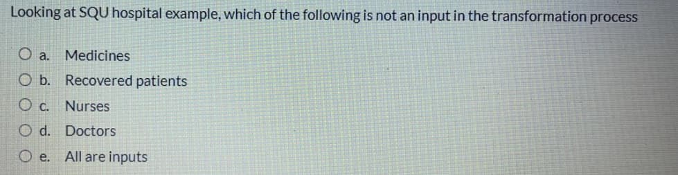 Looking at SQU hospital example, which of the following is not an input in the transformation process
O a. Medicines
O b. Recovered patients
O c. Nurses
O d. Doctors
e.
All are inputs
