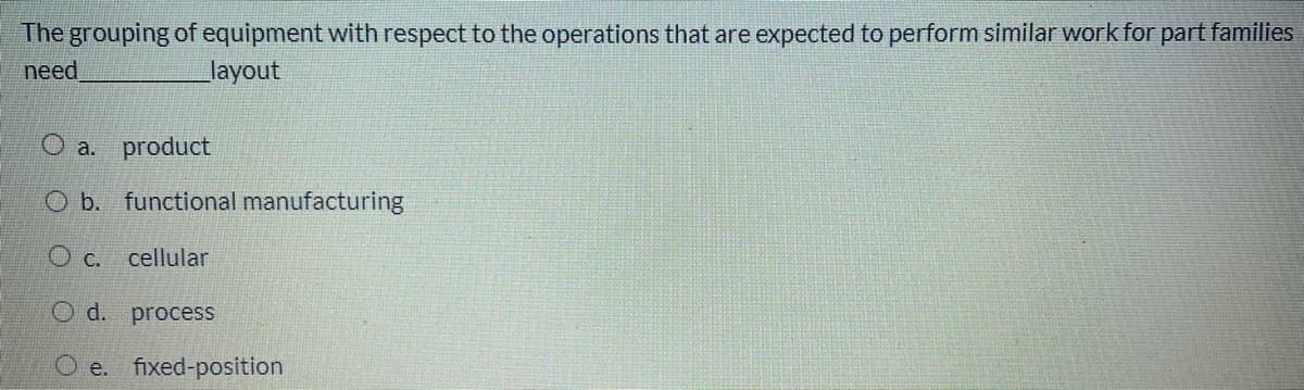 The grouping of equipment with respect to the operations that are expected to perform similar work for part families
need
layout
a. product
O b. functional manufacturing
O c.
cellular
O d. process
e. fixed-position
