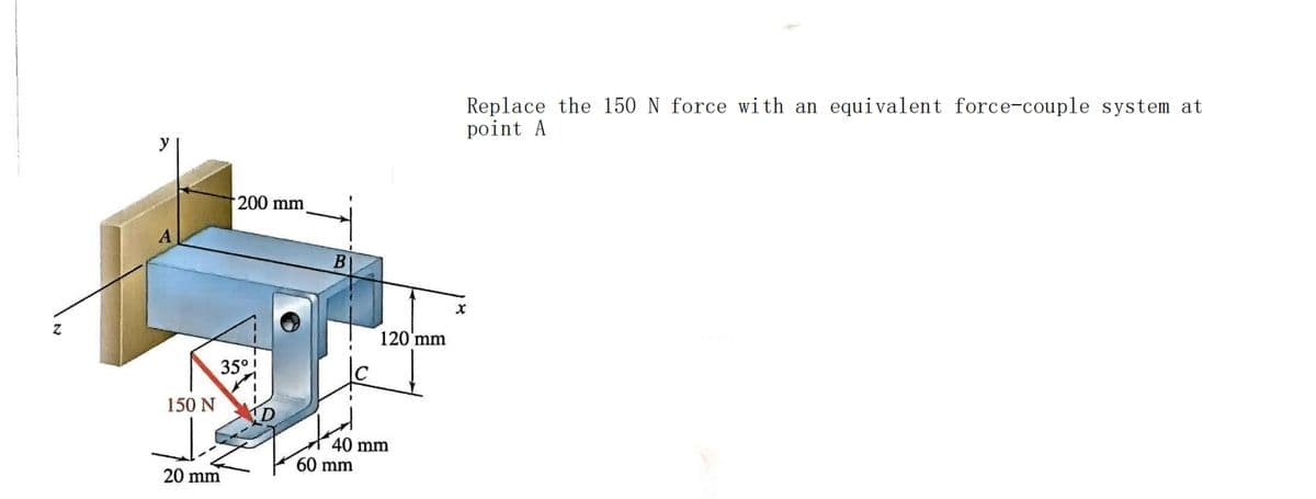 Z
y
A
200 mm
B
120'mm
150 N
20 mm
35°
40 mm
60 mm
Replace the 150 N force with an equivalent force-couple system at
point A
x