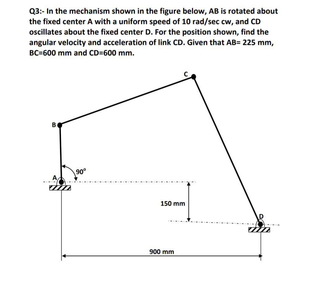 Q3:- In the mechanism shown in the figure below, AB is rotated about
the fixed center A with a uniform speed of 10 rad/sec cw, and CD
oscillates about the fixed center D. For the position shown, find the
angular velocity and acceleration of link CD. Given that AB= 225 mm,
BC=600 mm and CD=600 mm.
B
90°
150 mm
900 mm
