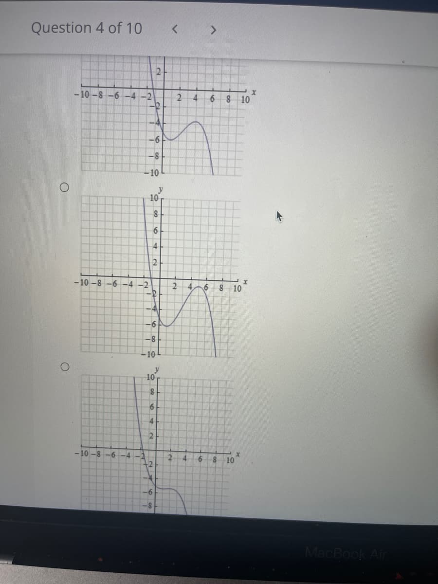 Question 4 of 10
< >
2.
-10-8 -6 -4-2
2.
6.
10
-2
-6
-10!
y
10
4
- 10 -8 -6 -4 -2
2 4
6 8
10
-6
-8
10
10
2.
-10 -8 -6 -4 -2
-2
+2
4.
8
10
MacBook Air
