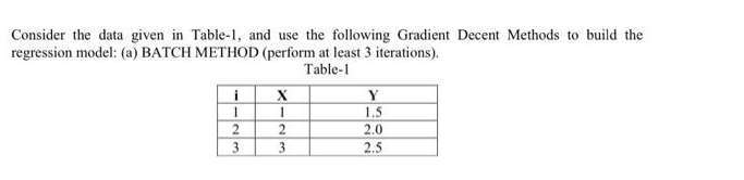 Consider the data given in Table-1, and use the following Gradient Decent Methods to build the
regression model: (a) BATCH METHOD (perform at least 3 iterations).
Table-1
i
1
2
3
X
1
2
3
Y
1.5
2.0
2.5