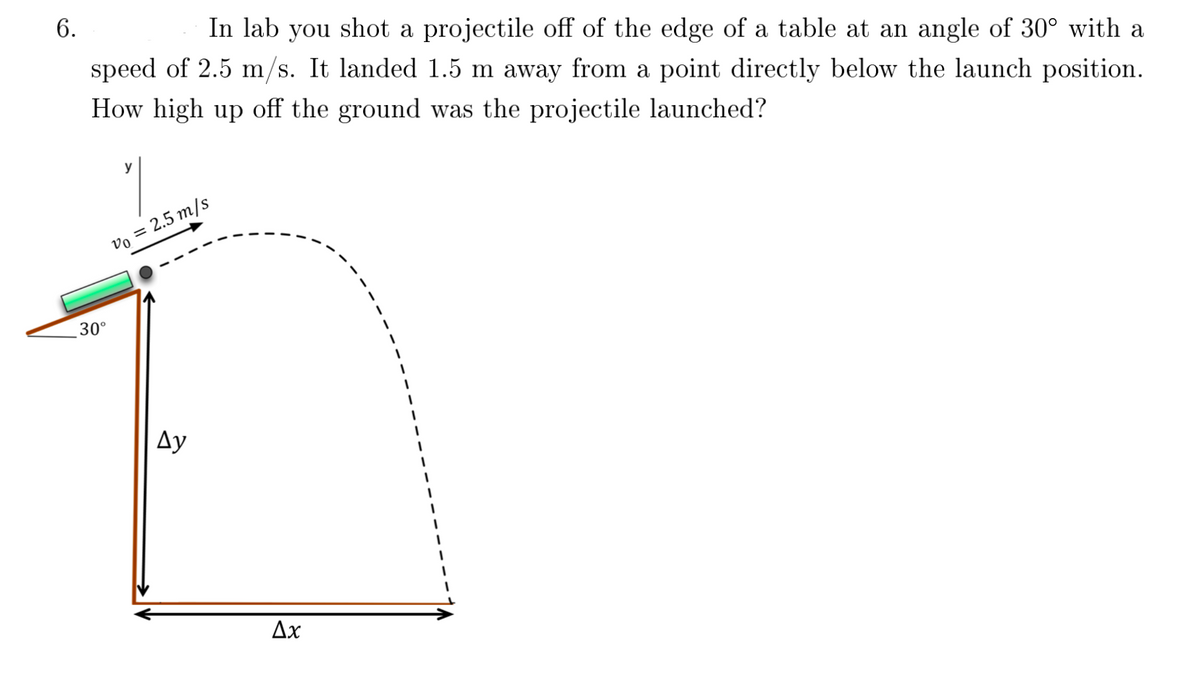 6.
In lab you shot a projectile off of the edge of a table at an angle of 30° with a
speed of 2.5 m/s. It landed 1.5 m away from a point directly below the launch position.
How high up off the ground was the projectile launched?
vo = 2.5 m/s
30°
Ду
Дх
