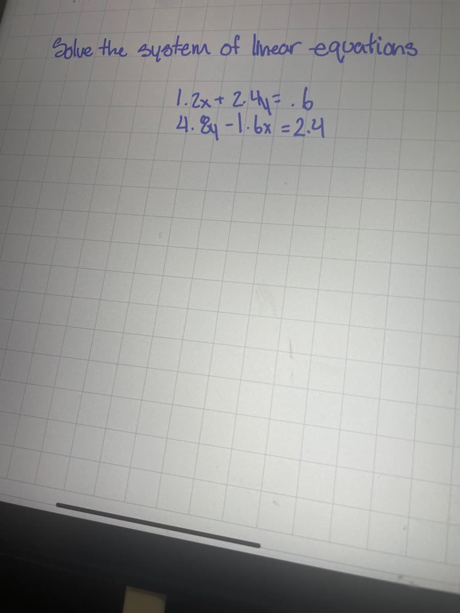 Solve the system of linear equations
1.2x + 2.41 = 6
4.84 -1.6x = 2.4
