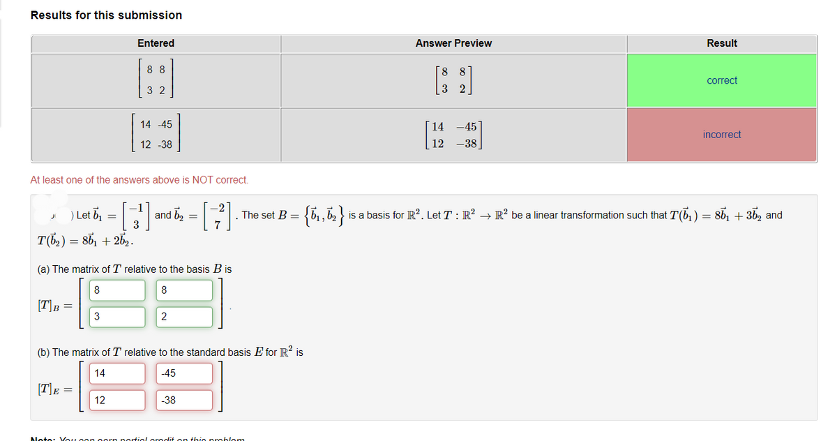 Results for this submission
J
) Let b₁
At least one of the answers above is NOT correct.
T(6₂) = 86₁ +26₂.
[T]B =
=
3
[T]E =
Entered
88
32
12
14 -45
12 -38
[3]
(a) The matrix of T relative to the basis B is
8
8
and b₂
2
=
(b) The matrix of T relative to the standard basis E for R² is
14
-45
-38
Answer Preview
Noto: Vou con oorn nortial prodit on this problem
8 8
3 2
14
12
-45
-38.
Result
[²] . The set B = {₁,6₂} is a basis for R². Let T : R² → R² be a linear transformation such that T(6₁) = 86₁ + 36₂ and
7
correct
incorrect