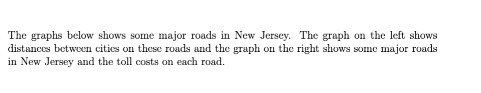 The graphs below shows some major roads in New Jersey. The graph on the left shows
distances between cities on these roads and the graph on the right shows some major roads
in New Jersey and the toll costs on each road.