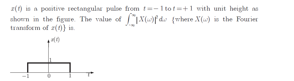 x(t) is a positive rectangular pulse from t=- 1 to t=+1 with unit height as
shown in the figure. The value of /*|X(w)f dw {where X(w) is the Fourier
transform of r(t)} is.
(2 )ac ♥
