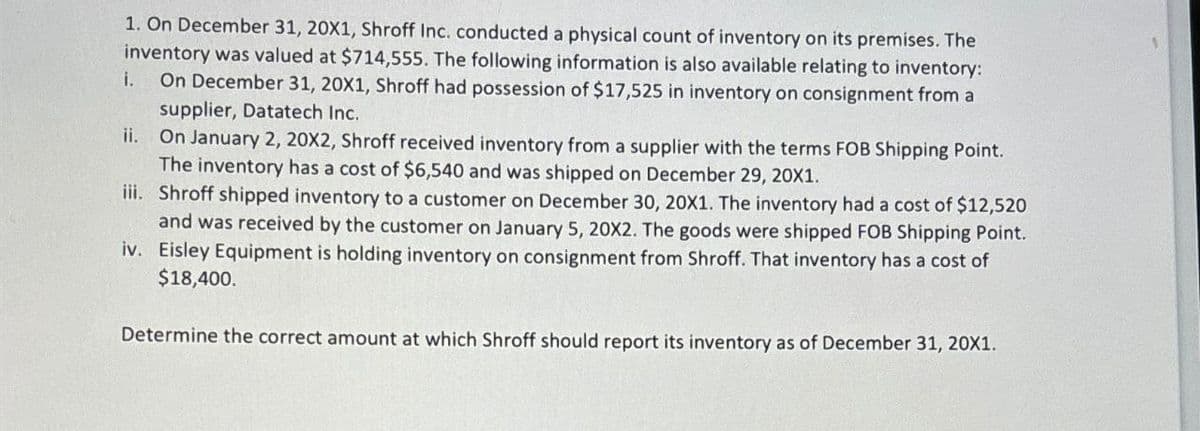 1. On December 31, 20X1, Shroff Inc. conducted a physical count of inventory on its premises. The
inventory was valued at $714,555. The following information is also available relating to inventory:
i. On December 31, 20X1, Shroff had possession of $17,525 in inventory on consignment from a
supplier, Datatech Inc.
ii.
On January 2, 20X2, Shroff received inventory from a supplier with the terms FOB Shipping Point.
The inventory has a cost of $6,540 and was shipped on December 29, 20X1.
iii. Shroff shipped inventory to a customer on December 30, 20X1. The inventory had a cost of $12,520
and was received by the customer on January 5, 20X2. The goods were shipped FOB Shipping Point.
iv. Eisley Equipment is holding inventory on consignment from Shroff. That inventory has a cost of
$18,400.
Determine the correct amount at which Shroff should report its inventory as of December 31, 20X1.