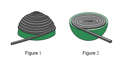 ### Understanding Coiled Structures

In the figures presented, we observe two different coiling methods of a strip.

#### Figure 1: Conical Coiling
Figure 1 illustrates a conical coiling method where the strip is wound in a conical shape, forming several layers that ascend in a stacked manner resembling a beehive structure. This kind of coiling is used in various applications, such as in the construction of traditional pottery or rope winding.

#### Figure 2: Cylindrical Coiling
In contrast, Figure 2 shows a cylindrical coiling technique, where the strip is coiled flatly around a central point in a more compact manner, forming concentric circles. This type of coiling is common in tapes, hoses, and other flexible materials that need to be stored efficiently.

Both diagrams serve to visually represent different ways in which flexible materials can be coiled for storage or structural purposes. Understanding these methods is essential in fields such as material science, engineering, and even in everyday problem-solving situations.