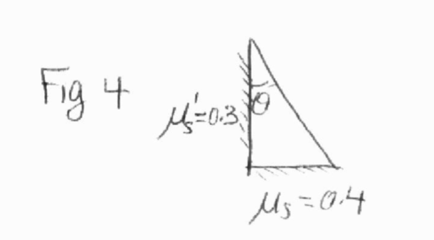 **Fig 4: Understanding Frictional Forces in an Inclined Plane**

The diagram represents an inclined plane with an angle \( \theta \). The plane's surface has two different coefficients of static friction (\( \mu_s \)) at different points:

- \( \mu_s = 0.4 \): The coefficient of static friction at the base of the inclined plane.
- \( \mu_s' = 0.3 \): The coefficient of static friction along the inclined face.

These coefficients indicate the resistance to the initiation of sliding motion between the surfaces in contact. The frictional force is dependent on these coefficients and the normal force. The angle \( \theta \) represents the incline's angle with the horizontal surface.

This figure illustrates how varying frictional forces can affect the behavior of objects on inclined planes, crucial for understanding mechanics in physics.