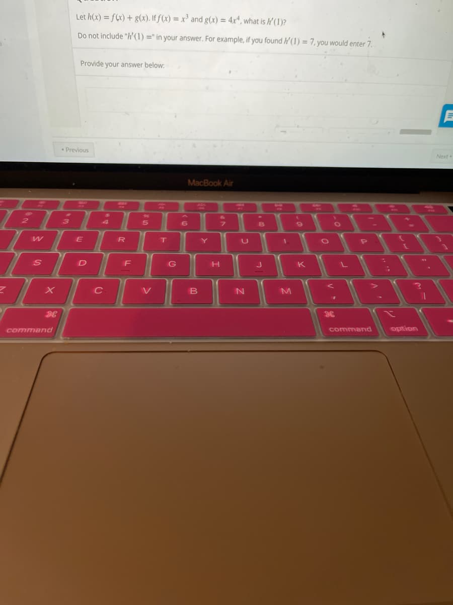 2
23
W
S
X
command
Let h(x) = f(x) + g(x). If f(x) = x³ and g(x) = 4x4, what is h' (1)?
Do not include "h'(1) =" in your answer. For example, if you found h'(1) = 7, you would enter 7.
Provide your answer below:
MacBook Air
&
(
7
O
Previous
E
D
$
4
4
C
R
F
96
5
V
T
G
6
B
Y
H
U
N
8
J
1
M
9
K
O
-
P
"
command
-
option
11
E
Next
}