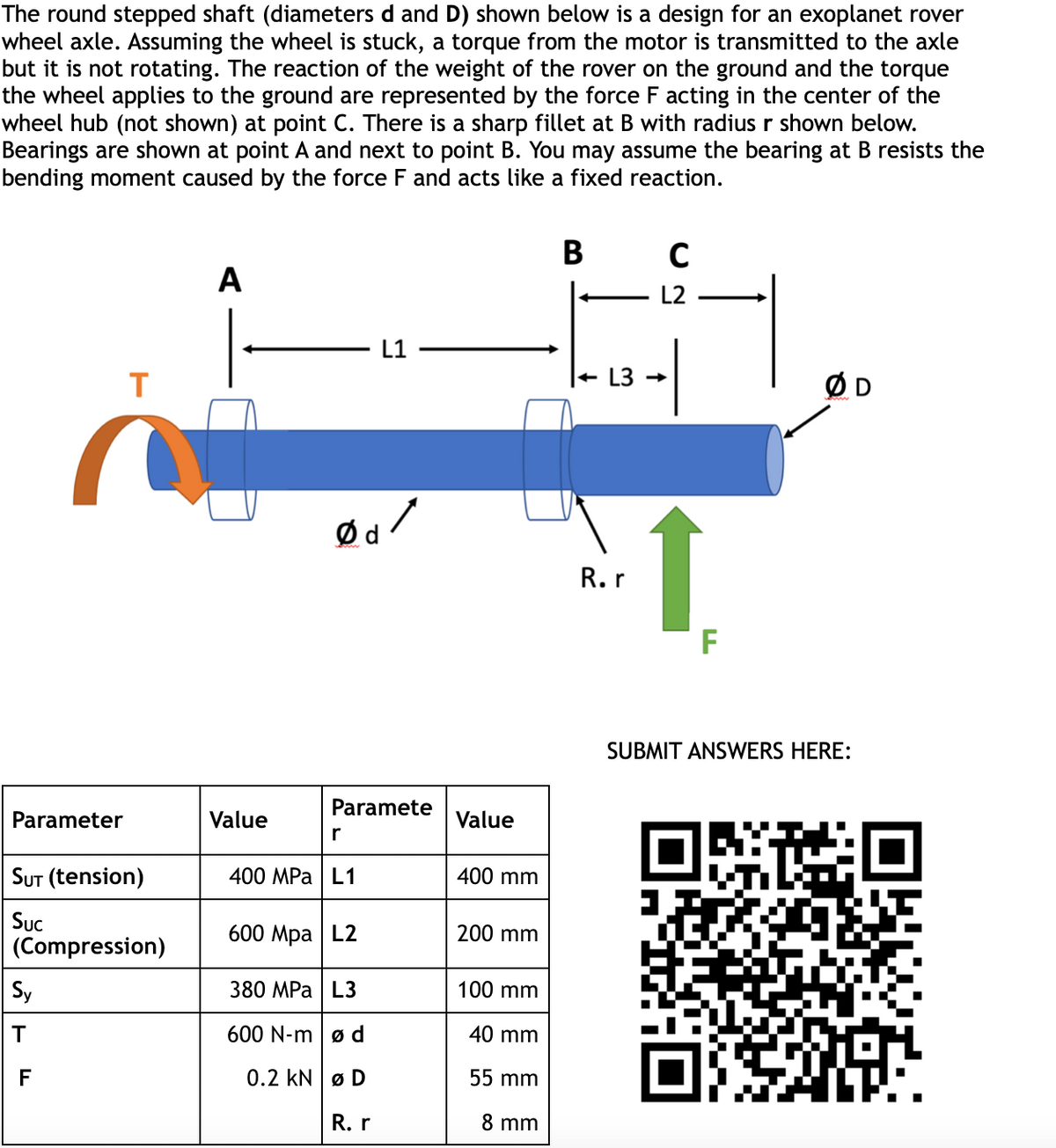 The round stepped shaft (diameters d and D) shown below is a design for an exoplanet rover
wheel axle. Assuming the wheel is stuck, a torque from the motor is transmitted to the axle
but it is not rotating. The reaction of the weight of the rover on the ground and the torque
the wheel applies to the ground are represented by the force F acting in the center of the
wheel hub (not shown) at point C. There is a sharp fillet at B with radius r shown below.
Bearings are shown at point A and next to point B. You may assume the bearing at B resists the
bending moment caused by the force F and acts like a fixed reaction.
В
A
L2
L1
T
L3 -
ØD
Ød
R. r
F
SUBMIT ANSWERS HERE:
Paramete
Parameter
Value
Value
SUT (tension)
400 MPa | L1
400 mm
Suc
(Compression)
600 Мра L2
200 mm
Sy
380 MPа L3
100 mm
600 N-m ø d
40 mm
F
0.2 kN ø D
55 mm
R. r
8 mm
