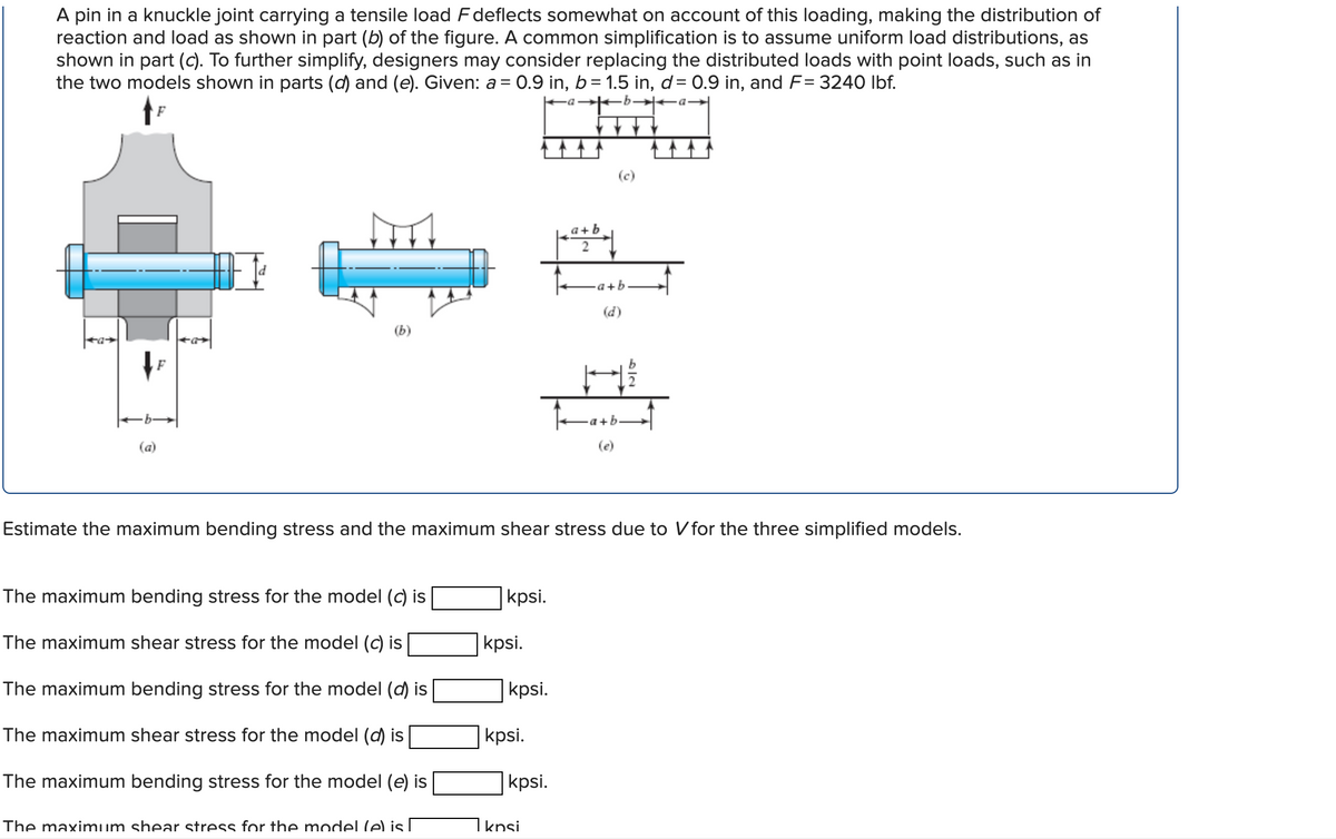 A pin in a knuckle joint carrying a tensile load Fdeflects somewhat on account of this loading, making the distribution of
reaction and load as shown in part (b) of the figure. A common simplification is to assume uniform load distributions, as
shown in part (c). To further simplify, designers may consider replacing the distributed loads with point loads, such as in
the two models shown in parts (d) and (e). Given: a =
= 0.9 in, b= 1.5 in, d= 0.9 in, and F= 3240 Ibf.
(c)
a+b
a+b
(d)
(a)
(e)
Estimate the maximum bending stress and the maximum shear stress due to V for the three simplified models.
The maximum bending stress for the model (c) is
kpsi.
The maximum shear stress for the model (c) is
kpsi.
The maximum bending stress for the model (d) is
kpsi.
The maximum shear stress for the model (d) is
kpsi.
The maximum bending stress for the model (e) is
kpsi.
The maximum shear stress for the model (e is!
knsi
