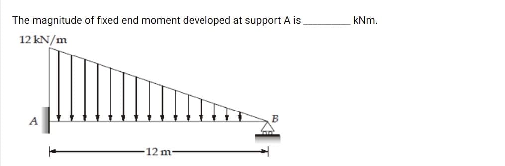 The magnitude of fixed end moment developed at support A is
kNm.
12 kN/m
A
12 m-
