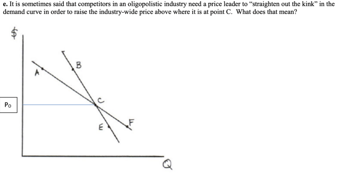 e. It is sometimes said that competitors in an oligopolistic industry need a price leader to “straighten out the kink" in the
demand curve in order to raise the industry-wide price above where it is at point C. What does that mean?
Po
%24
