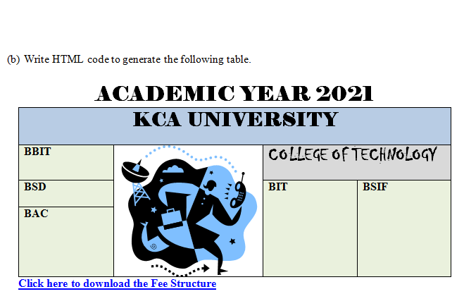 (b) Write HTML code to generate the following table.
ACADEMIC YEAR 2021
KCA UNIVERSITY
COLLEGE OF TECHNOLOGY
ВBIT
BSD
BIT
BSIF
ВАС
Click here to download the Fee Structure
