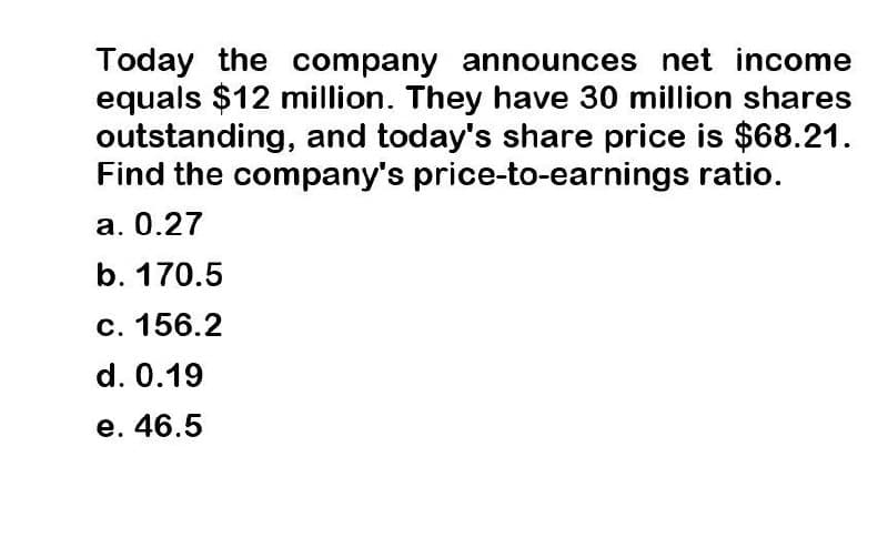 Today the company announces net income
equals $12 million. They have 30 million shares
outstanding, and today's share price is $68.21.
Find the company's price-to-earnings ratio.
a. 0.27
b. 170.5
c. 156.2
d. 0.19
e. 46.5